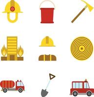 Collection of firefighting equipment and vehicles vector