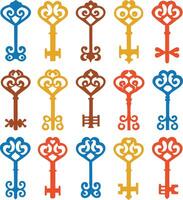 Collection of ornate vintage keys in various colors vector