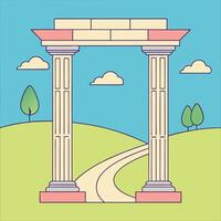 Ancient archway with winding path and rolling hills vector