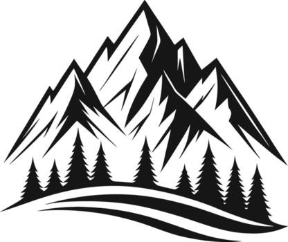 Stylized mountain range with pine trees and wavy foreground vector