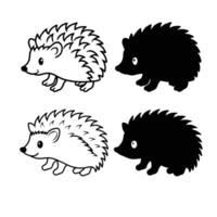 Two cute hedgehog illustrations and two black silhouette hedgehogs isolated on white background vector