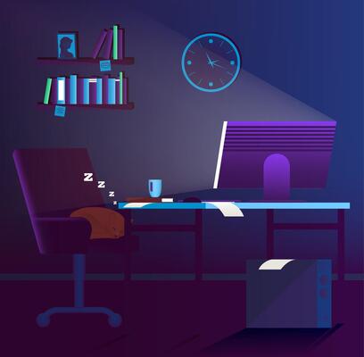 Cartoon Color Cat and Night Home Office Interior Inside Concept.