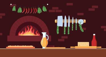 Kitchen with fireplace and cooking tools vector