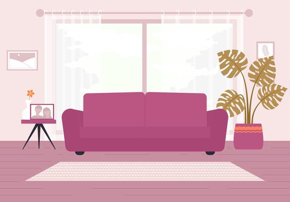 Cartoon Color Living Room with Houseplant Potted, Sofa , Window and Family Photo Interior Inside Concept.