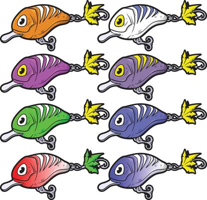 a set of six different colored fish lures