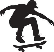 Black silhouette of skateboarder performing trick on white background vector
