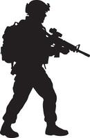 Soldier aiming rifle helmet backpack tactical gear military combat vector
