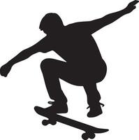 Black silhouette of a skateboarder performing a jump white vector
