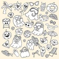 Cute Summerween ghost Halloween Summer Cartoon doodle Outline hand drawn Black and white Element Collection vector