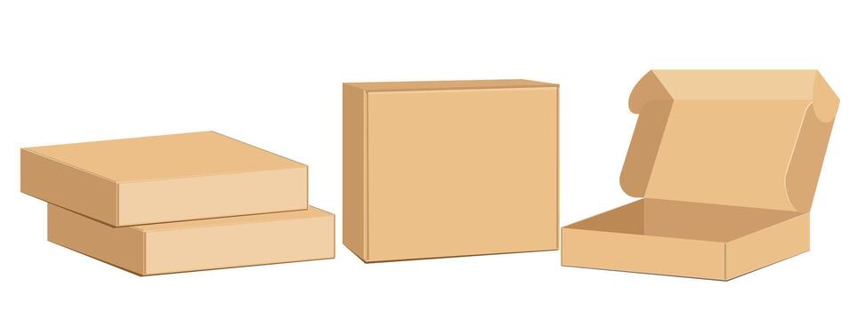 conjunto de realista marrón cartulina rectangular embalaje, papel cajas realista Bosquejo de un amarillo cartulina caja, 3d blanco plantillas. envío o entrega Servicio vector