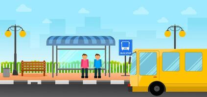 Colorful bus stop with waiting passengers. vector
