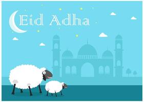 Happy eid al - adha background with mosque shillouette and sheep vector