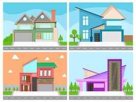 Four colorful modern house illustrations vector