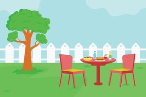 Outdoor dining table with food and drinks vector