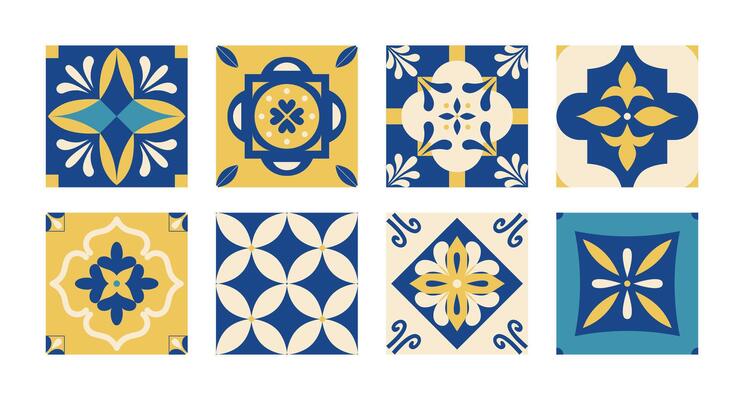 Mediterranean traditional tile pattern. Geometric flowers. Italian, Portuguese, Spanish, Greek, Moroccan azulejo background. Wall and floor interior design. Amalfi coast. Mosaic. .
