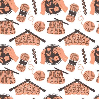 Seamless pattern with handicrafts, knitting, and embroidery on a white background