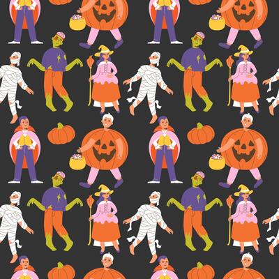 People in Halloween costumes seamless pattern on a dark background