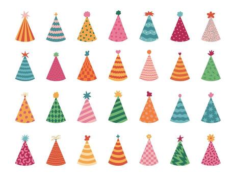 grande encantador conjunto con cumpleaños fiesta sombrero con diferente ornamento y pompones a rayas, ondulado, comprobado papel cono para contento evento, festival. mano dibujado plano nuevo año gorra colección aislado en antecedentes vector