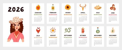 Lovely calendar template for 2026 year with western, cowgirl, Texas cartoon clipart. Calendar grid with weeks starts on Monday for kids nursery, office. Vertical monthly calender layout for schedule. vector