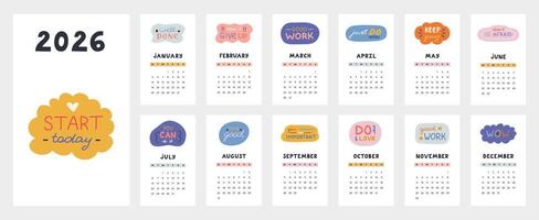 Lovely inspiring calendar template for 2026 year with motivational and cheering lettering in bubbles. Calendar grid with weeks starts on Monday for kids nursery. Vertical monthly calender layout. vector
