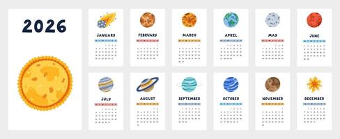 Lovely universe calendar template for 2026 year with cartoon clipart of planets of Solar System. Calendar grid with weeks starts on Monday for kids nursery. Vertical space monthly calender layout. vector