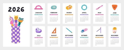 Lovely university calendar template for 2026 year with cartoon clipart of childish school stationery. Calendar grid with weeks starts on Monday for kids nursery. Vertical monthly calender layout. vector
