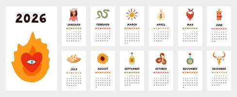 Lovely calendar template for 2026 year with Wild West and cowboy cartoon clipart. Calendar grid with weeks start on Monday for kids nursery, office. Vertical monthly calender layout for planning. vector