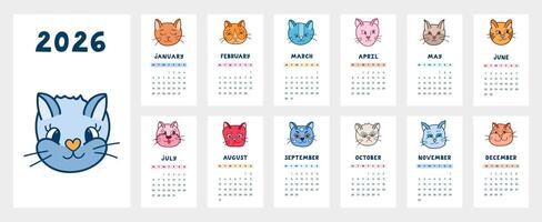 Lovely calendar template for 2026 year with funny kitten faces cartoon doodle. Calendar grid with weeks starts on Monday for kids nursery, office. Vertical monthly calender layout with car emotions. vector