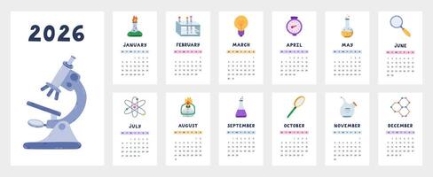 Lovely science calendar template for 2026 year with chemistry and laboratory cartoon clipart. Calendar grid with weeks starts on Monday for kids nursery. Vertical monthly calender layout for planning. vector
