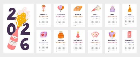 Lovely calendar template for 2026 year with celebrate birthday cartoon clipart. Calendar grid with weeks starts on Monday for kids nursery, corporate office. Vertical surprise monthly calender layout. vector