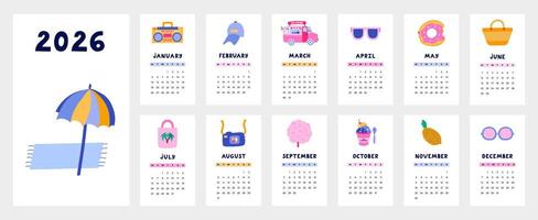 Lovely calendar template for 2026 year with tropical summer cartoon clipart. Calendar grid with week starts on Monday for kids nursery, corporate design. Vertical monthly calender layout for planning. vector
