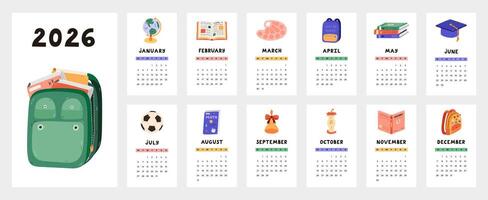 Childish education calendar template for 2026 year with cartoon clipart of school supply and stationery. Calendar grid with weeks starts on Monday for kids nursery. Vertical monthly calender layout. vector