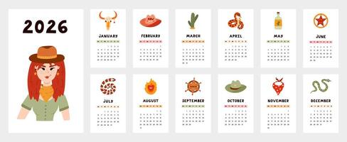 Lovely calendar template for 2026 year with Wild West and cowgirl cartoon clipart. Calendar grid with weeks starts on Monday for kids nursery, office. Vertical monthly calender layout for planning. vector