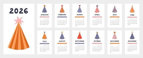 Lovely calendar template for 2026 year with birthday party hat cartoon clipart. Calendar grid with week starts on Monday for kids nursery, carnival office. Vertical paper cone monthly calender layout. vector