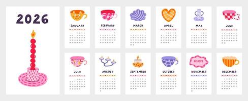 Lovely calendar template for 2026 year with funky hand made pottery cartoon clipart. Calendar grid with weeks starts on Monday for kid nursery, craftsman office. Vertical monthly calender layout. vector