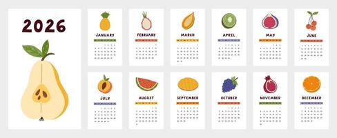 Lovely calendar template for 2026 year with tropical fruits, exotic berries cartoon clipart. Calendar grid with weeks starts on Monday for kids nursery, restaurant. Vertical monthly calender layout. vector