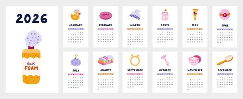 Lovely calendar template for 2026 year with cartoon hygiene, shower, bathroom clipart. Calendar grid with weeks starts on Monday for kids nursery. Vertical monthly calender layout for schedule. vector