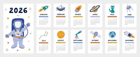 Lovey calendar template for 2026 year with universe, astronomy cartoon clipart. Calendar grid with weeks starts on Monday for kids nursery with cosmonaut, rocket, Sun. Vertical monthly calender layout vector