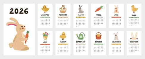 Lovely calendar template for 2026 year with furry bunny, ornate eggs, baby chicken clipart. Calendar grid with weeks starts on Monday for kids nursery, office. Vertical monthly calender layout. vector