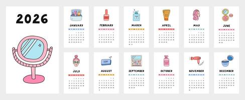 Lovely calendar template for 2026 year with beauty and skincare cosmetic cartoon doodle. Calendar grid with weeks start on Monday for kids nursery, corporate office. Vertical monthly calender layout vector