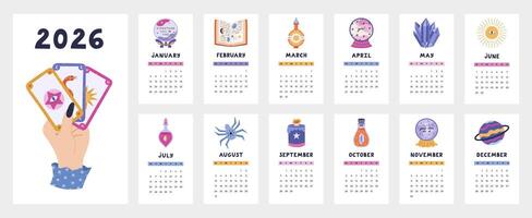 Lovely calendar template for 2026 year with esoteric and wizard cartoon clipart. Calendar grid with weeks starts on Monday for kids nursery, company, stationery. Vertical monthly calender layout. vector