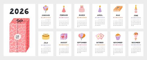 Lovely calendar template for 2026 year with Happy Birthday cartoon clipart. Calendar grid with weeks starts on Monday for kids nursery, event company. Vertical festivity monthly calender layout. vector