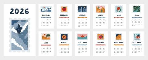 Lovely calendar template for 2026 year with picturesque postage stamp cartoon clipart. Calendar grid with weeks start on Monday for kids, travelling agency. Vertical postmark monthly calender layout. vector