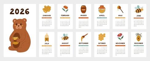 Lovely calendar template for 2026 year with honey making cartoon clipart, bear, bee. Calendar grid with weeks starts on Monday for kids nursery, office. Vertical beekeeping monthly calender layout. vector