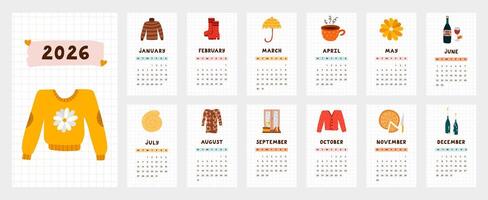 Lovely calendar template for 2026 year with cosy scandinavian cartoon clipart. Calendar grid with weeks starts on Monday for kids nursery, corporate office. Vertical hygge monthly calender layout vector