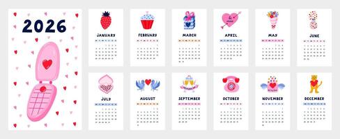 Lovely calendar template for 2026 year with romantic love cartoon clipart. Calendar grid with weeks starts on Monday for kids nursery, office. Vertical monthly calender layout about relationship. vector