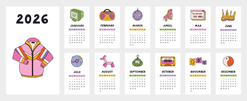 Lovely nostalgic calendar template for 2026 year with groovy Y2k symbols of 90s, 00s. Calendar grid with weeks starts on Monday for nursery, company office. Vertical monthly calender layout for plan. vector