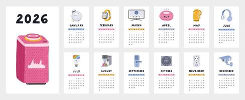 Lovely calendar template for 2026 year with cartoon clipart of wireless technique, smart home devices. Calendar grid with weeks starts on Monday for kids nursery. Vertical monthly calender layout. vector