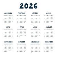 Lovely minimal calendar template for 2026 year with weeks starts on Monday. Black and white calendar grid with funky hand drawn font for child nursery, company, office. Square monthly calender layout vector