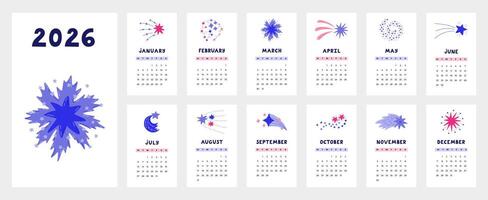 Lovely astronomy calendar template for 2026 year with cartoon clipart of star dust, falling star. Calendar grid with weeks starts on Monday for kids nursery. Vertical monthly calender layout for plan. vector